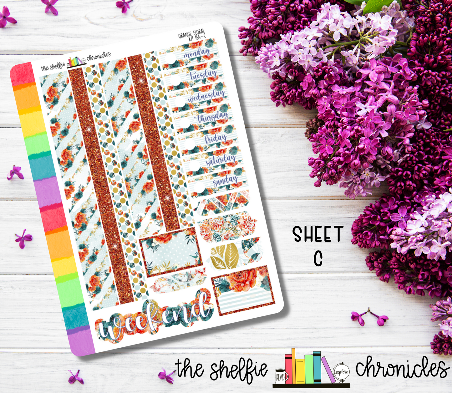 Kit 164 - Orange Floral Weekly Kit - Die Cut Stickers - Repositionable Paper - Made To Fit 7x9 Planners